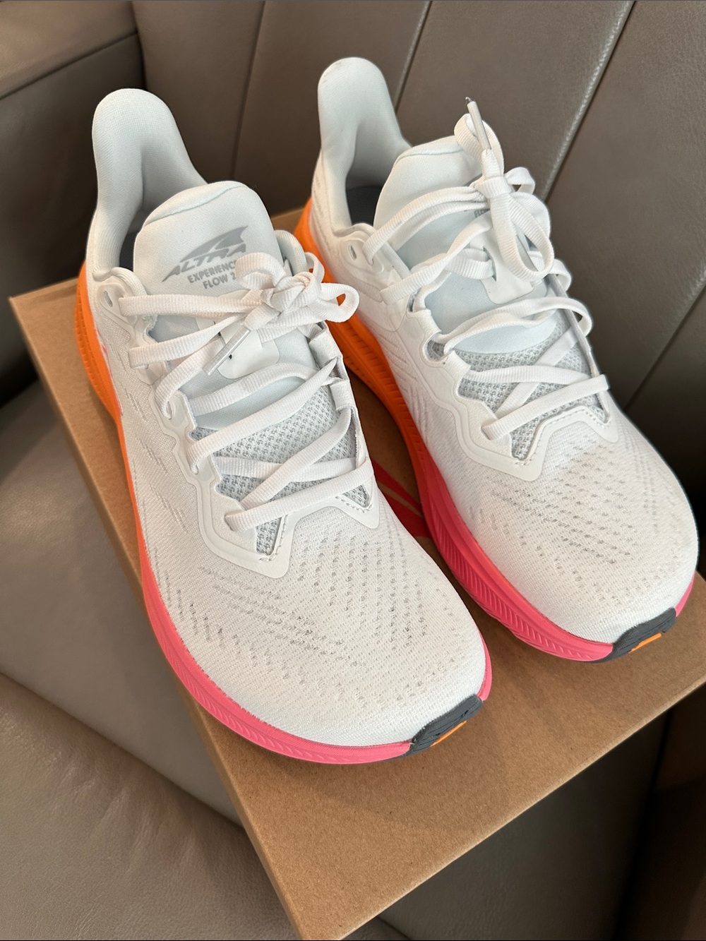 Altra White Running Shoes with Orange and Pink Gradient Sole - Picture 2 of 14